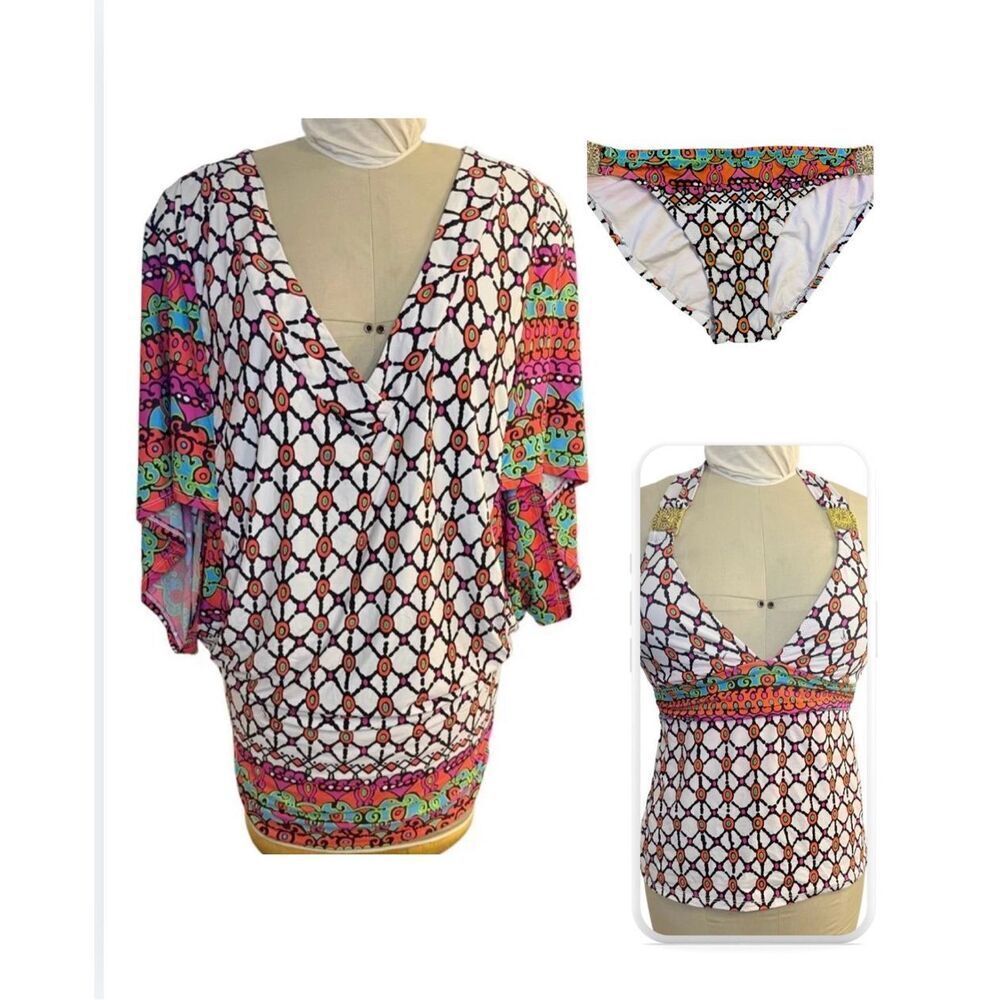 Trina Turk Venice Beach Halter Tankini Top Hipster Bottom (Sz10) Caftan Cover Up